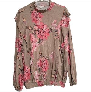 Maurices Plus Size 1 Womens Blouse Tan  Pink Ruffles Cottagecore Coastal Cowgirl